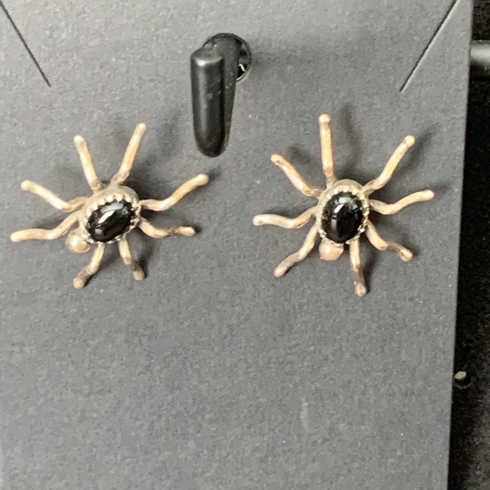 925 Sterling Silver Black Onyx Spider Stud Earrings Halloween Nature Whimsigoth